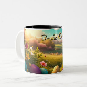 Fröhliche Ostern in einer Frühlingslandschaft Zweifarbige Tasse