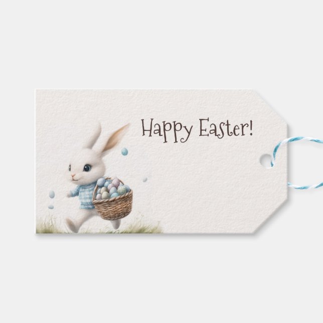 Fröhliche Ostern, Osterhasen mit Eiern Geschenkanhänger (Vorderseite (Horizontal))