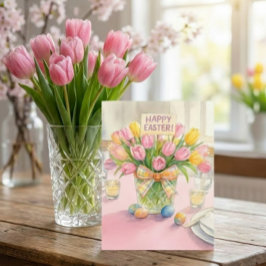 Fröhliche Ostern Rosa Tulpen Familien-Grußkarte