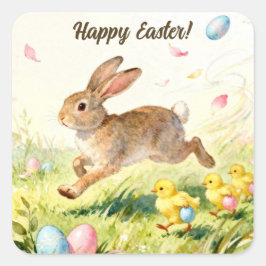 Fröhliche Ostern Vintage-Hase Frühjahrsillustratio Quadratischer Aufkleber