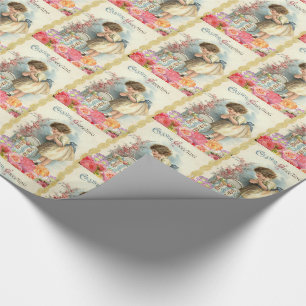 Fröhliche Ostern Vintage Mädchen und rosa Blumen W Geschenkpapier