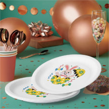 Fröhliche Osterparty-Hase springt aus dem Ei herau
