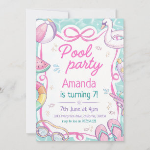 Fröhliche Pastell-Poolparty zum 8. Geburtstag Einladung