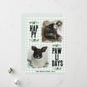 Fröhliche Pawlidays Haustierfotos Grün kariert Gin Feiertagskarte