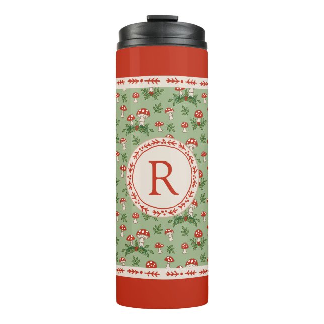 Fröhliche Pilze-Monogramm Thermosbecher (Vorderseite)