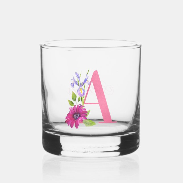 Fröhliche PInk Blumendekoration Initial A Whiskyglas (Vorderseite)