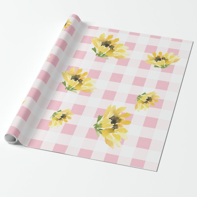 Fröhliche Pink Gingham Sunflower Baby Dusche Geschenkpapier (Ungerollt)