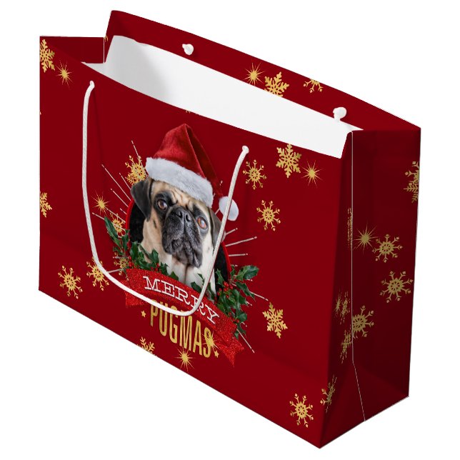 Fröhliche Pugmas Geschenk-Tasche Große Geschenktüte (Vorderseite Schrägansicht)