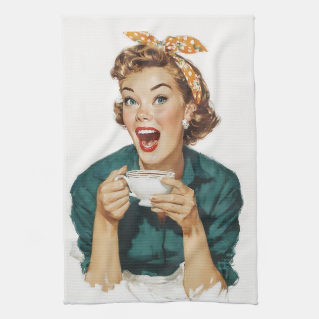 Fröhliche Retro-Frau genießt Kaffee Geschirrtuch (Vertikal)
