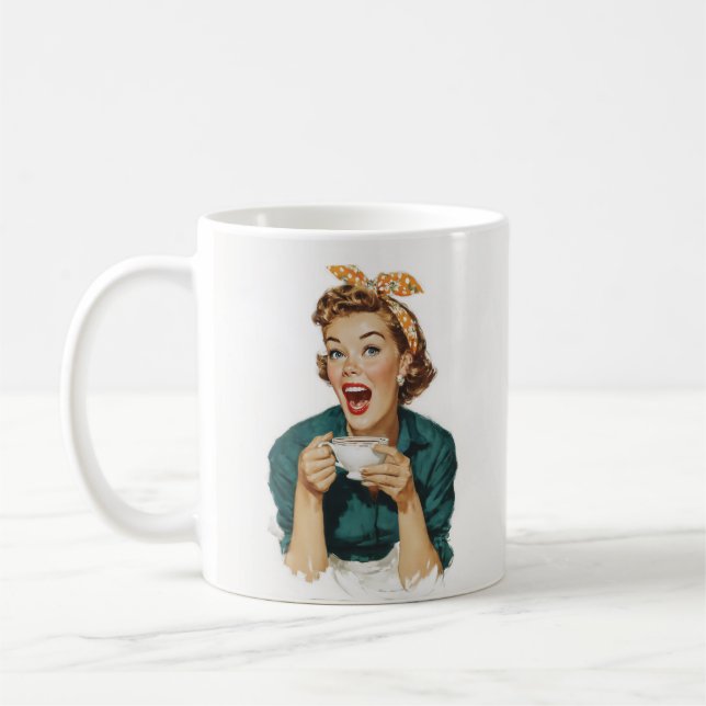 Fröhliche Retro-Frau genießt Kaffee Kaffeetasse (Links)