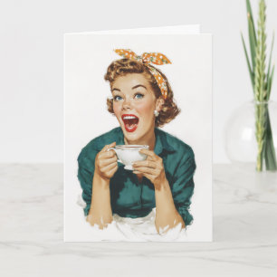 Fröhliche Retro-Frau genießt Kaffee Karte