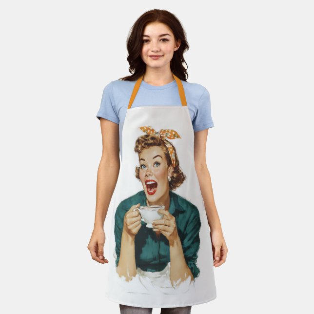 Fröhliche Retro-Frau genießt Kaffee Schürze (Getragen)