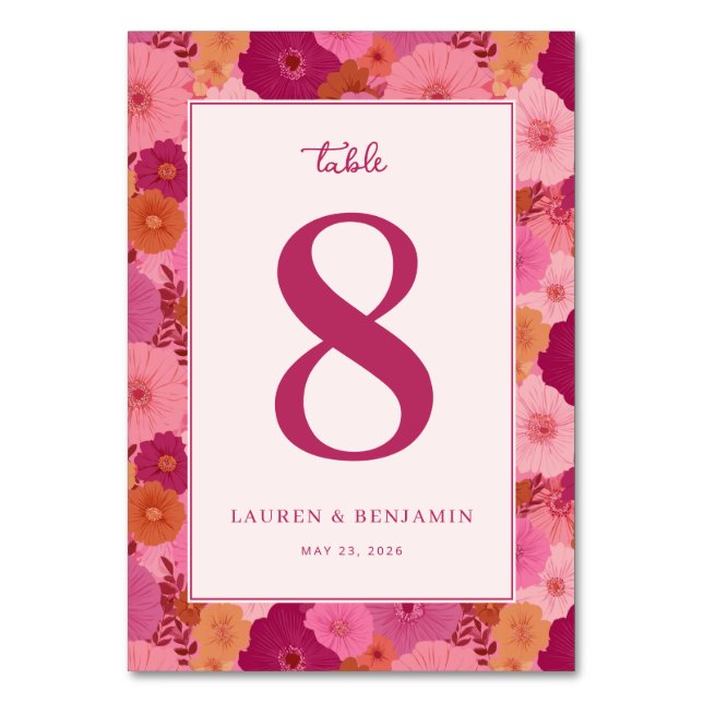 Fröhliche rosa Blumen-Tischnummer Tischnummer (Vorderseite)