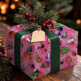 Fröhliche rosa Retro-Weihnachtsdekorationen Geschenkpapier