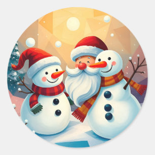 Fröhliche Schneemänner und Santa Claus beim Genieß Runder Aufkleber