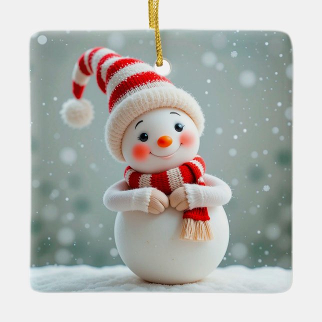 Fröhliche Snowman Figurine mit Holiday Hat Keramikornament (Vorderseite)