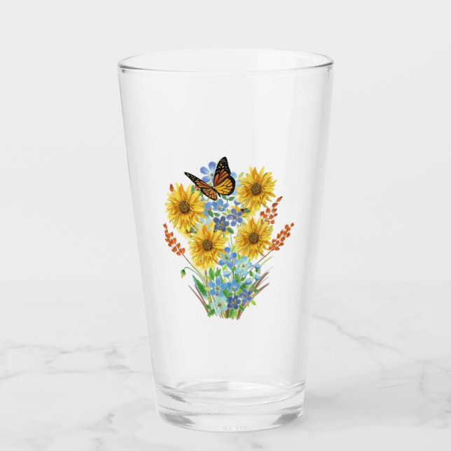 Fröhliche Sonnenblume und Schmetterling Bouquet Kü Glas (Vorderseite)