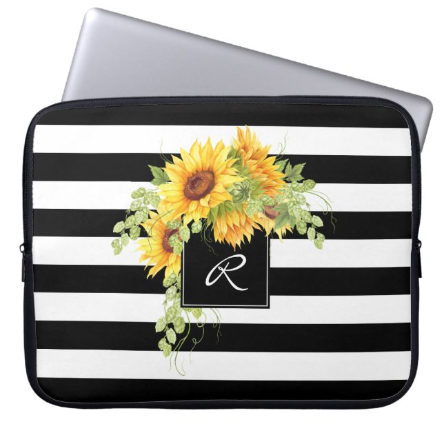 Fröhliche Sonnenblumen und Streifen mit Monogramm Laptopschutzhülle (Vorderseite)