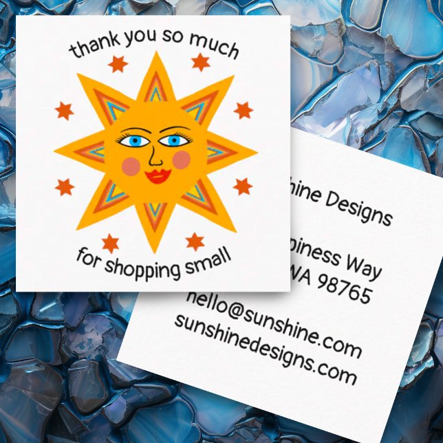 fröhliche Sonnenschein CUSTOM Vielen Dank, dass Si Quadratische Visitenkarte (Small business thank you for your order custom card with cheerful sun)
