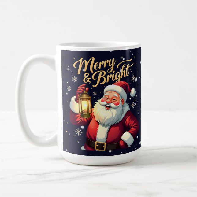 Fröhliche, strahlende Santa-Claus-Illustration mit Kaffeetasse (Links)