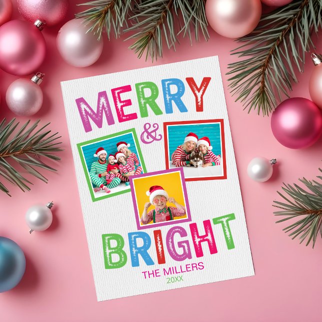 Fröhliche und helle Foto Weihnachtskarte Einladung (Merry and Bright Modern Colorful Photo Collage Christmas Card)