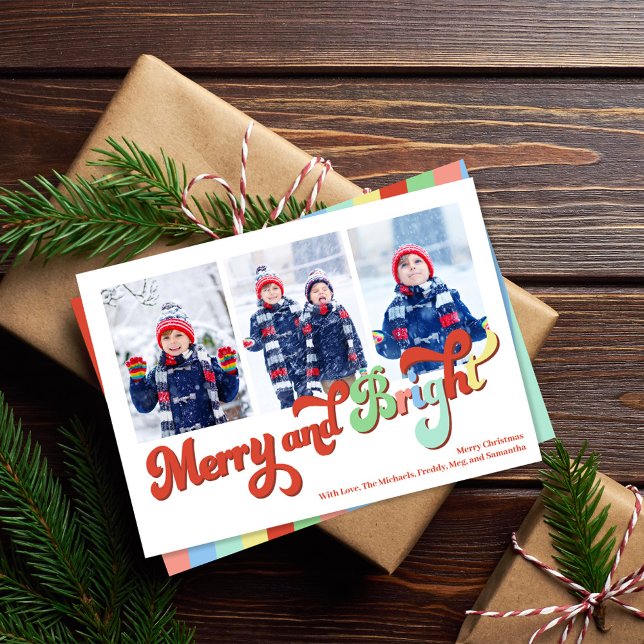 Fröhliche und helle Fotocollage Weihnachten (Merry and Bright holiday photo card. With colorful retro typography. )