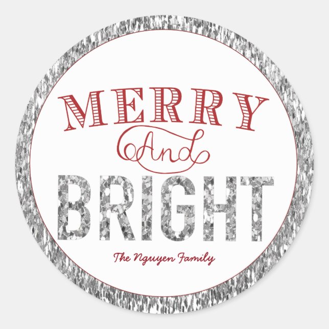 Fröhliche und helle, silberne Glitzer und rote Eti Runder Aufkleber (Vorderseite)