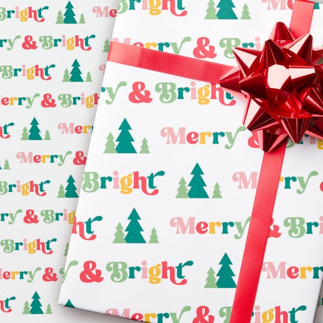 Fröhliche und helle Weihnachtsbäume bunter Retro-S Geschenkpapier (Merry & bright Christmas trees colorful retro font Wrapping Paper)
