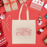 Fröhliche und helle Weihnachtsstars Tragetasche<br><div class="desc">Klassisches Weihnachtsgeschmacksdesign mit Typografie-Text,  der "fröhlich und hell" mit Sternen sagt.</div>