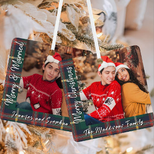 Fröhliche und verheiratete Tartan Karo Familienfot Ornament Aus Metall