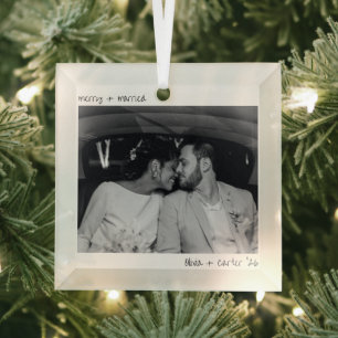 Fröhliche verheiratete Foto Handschrift Einfaches Ornament Aus Glas