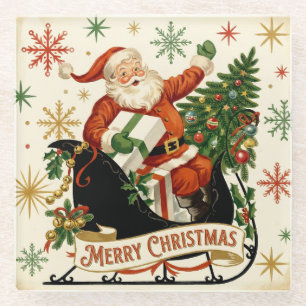Fröhliche Vintage-Weihnachtsmann-Schlittenfahrt-Fe Glasuntersetzer