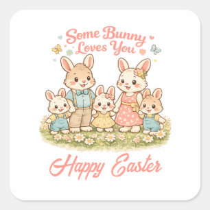Fröhliche Wasserfarben-Hasenfamilie Frohe Ostern Quadratischer Aufkleber