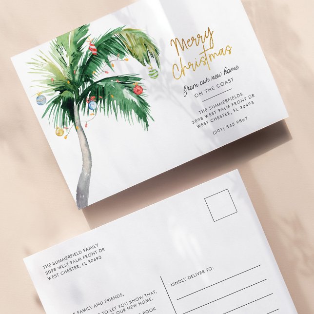 Fröhliche Weihnachten aus dem Küstenstreifen Ankündigungspostkarte (Palm Tree Script Christmas New Address Announcement Postcard)