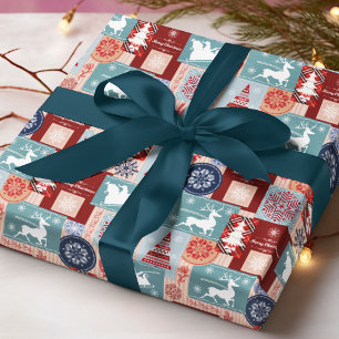 Fröhliche Weihnachten Blau Rot Tartan Patchwork Geschenkpapier