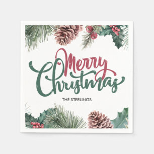 Fröhliche Weihnachten Blumenstrauß Roter Holly Bor Serviette