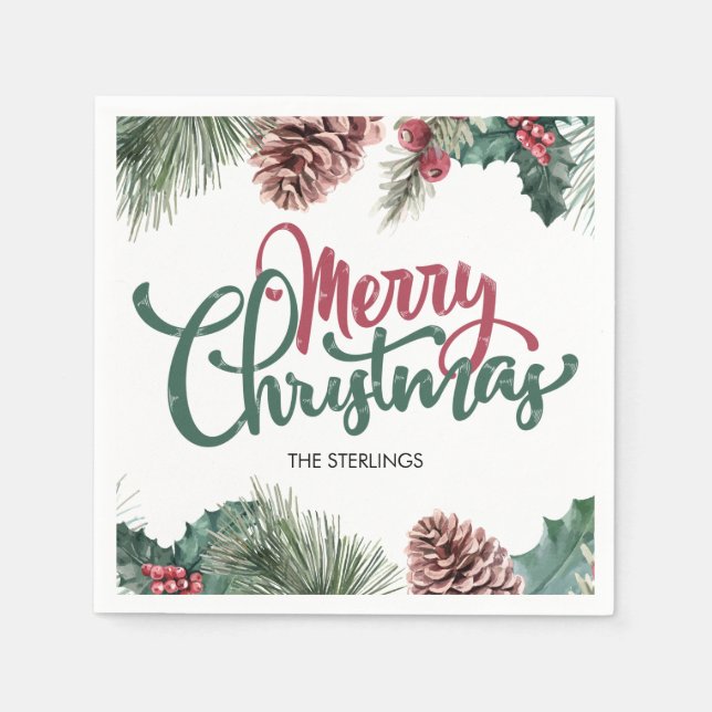 Fröhliche Weihnachten Blumenstrauß Roter Holly Bor Serviette (Vorderseite)