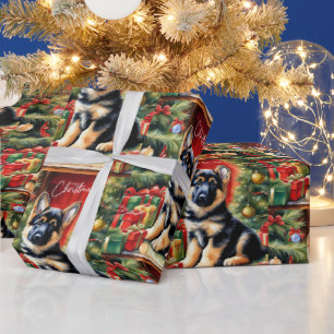 Fröhliche Weihnachten Deutscher Schäferhund Welpe Geschenkpapier