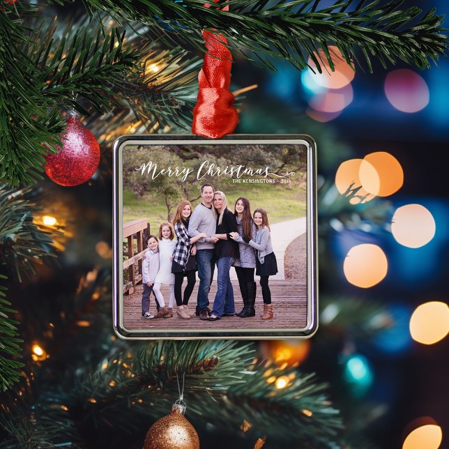 Fröhliche Weihnachten Elegante Typografie Family F Ornament Aus Metall (Merry Christmas Elegant Typography Family Photo Metal Ornament)