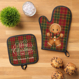 Fröhliche Weihnachten Familie Lebkuchen Karo Küche Ofenhandschuh & Topflappen-Set