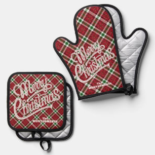 Fröhliche Weihnachten Glänzendes Karo Ofenhandschuh & Topflappen-Set