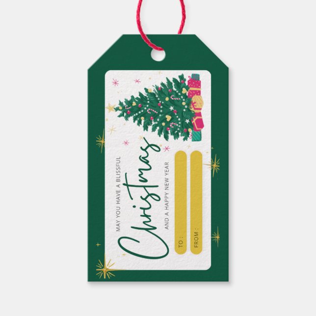 fröhliche Weihnachten grün goldrot grüßen Geschenkanhänger (Vorderseite)