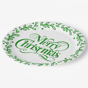 FRÖHLICHE WEIHNACHTEN GRÜNER KRANZ PAPPTELLER