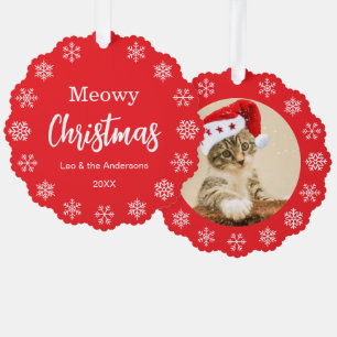 Fröhliche Weihnachten Katzenfoto Schneeflocken Rot Ornament Karte