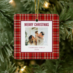 Fröhliche Weihnachten Klassisch Rot Kariert Famili Keramikornament