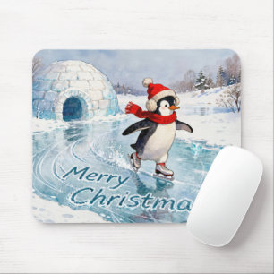 Fröhliche Weihnachten Pinguin Eislaufen Mousepad