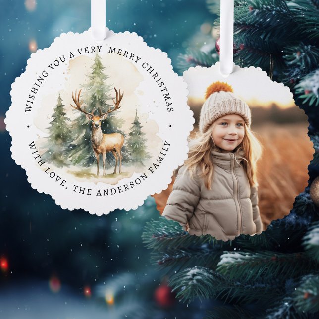 Fröhliche Weihnachten schlichte Foto Pine grün Ornament Karte (Merry Christmas simple elegant photo pine green Ornament Card)