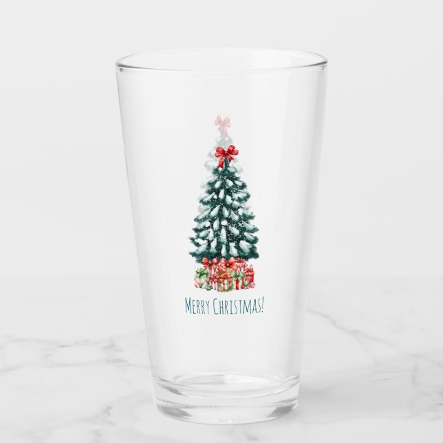 Fröhliche Weihnachten Schnee bedeckter Kiefernbaum Glas (Vorderseite)