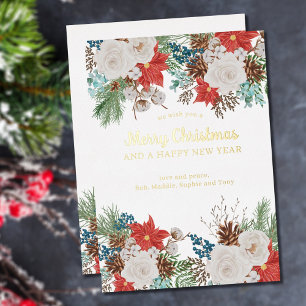 Fröhliche Weihnachten und Neujahr Poinsettia Kiefe Folien Feiertagskarte
