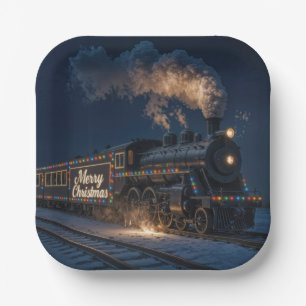 Fröhliche Weihnachten Vintage-Zug im Schnee Pappteller